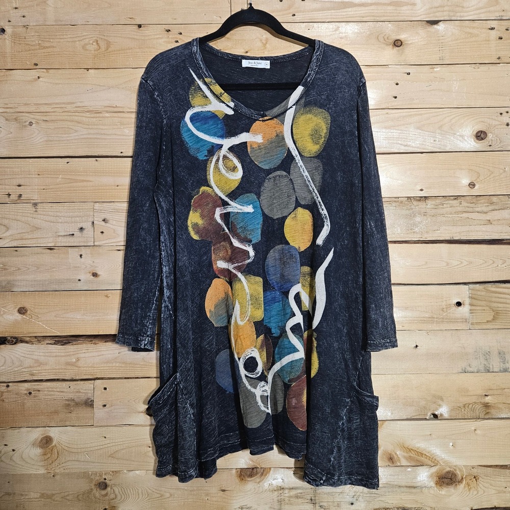Jess & Jane Womens M Mineral Wash Abstract Geometric Tunic Top Pockets